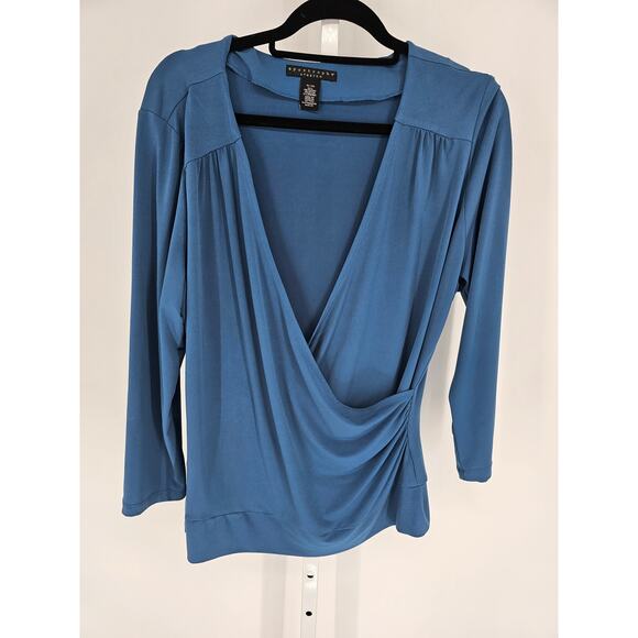 Apostrophe Womens Sz XL 3/4 Sleeve Blouse Solid Blue Draped Faux Wrap - Picture 1 of 3